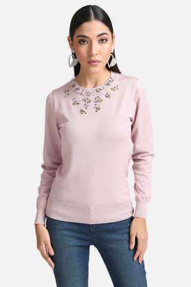 embellished round neck women's pullover - mauve