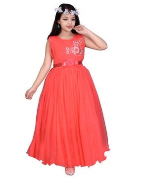 embellished round-neck gown dress with belt