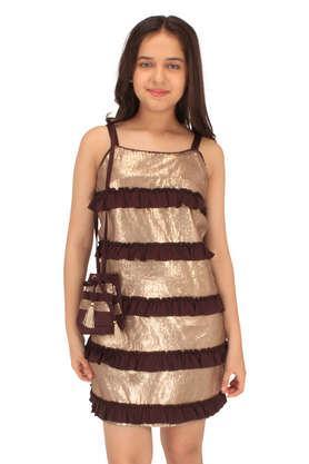 embellished satin square neck girl's casual wear dress - brown