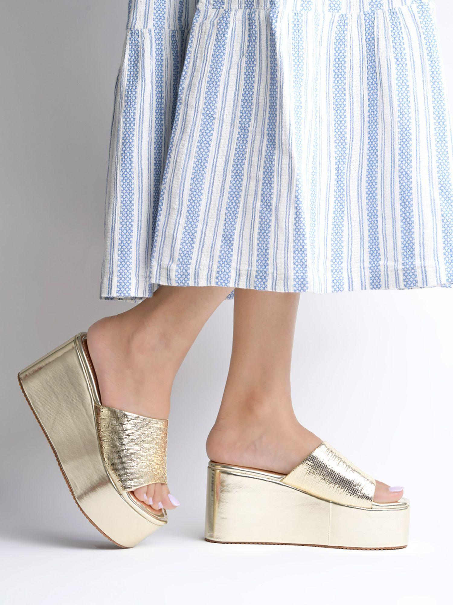 embellished sequence detailed golden wedge heels