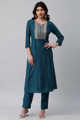 embellished silk round neck women's festive wear kurta - blue