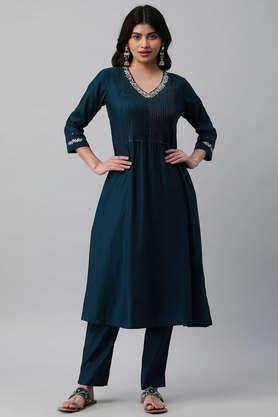 embellished silk v-neck women's festive wear kurta - blue
