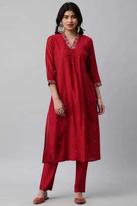 embellished silk v-neck women's festive wear kurta - red
