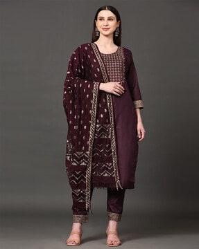 embellished straight kurta suit set