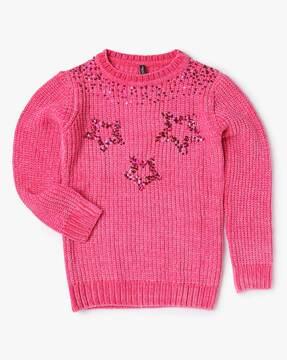embellished sweater with ribbed hem