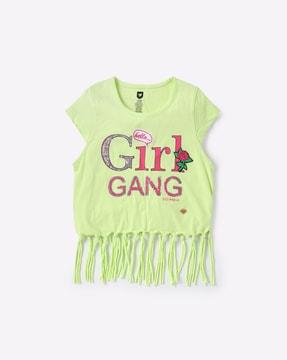 embellished typographic print t-shirt with fringes