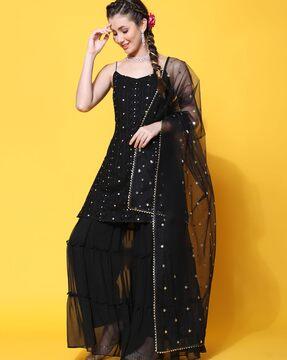 embellished & embroidered a-line kurta set with dupatta