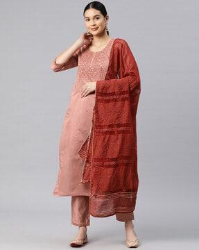 embellished & embroidered straight kurta & pants with dupatta set