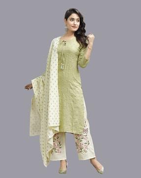 embellished & embroidery straight kurta & palazzo with dupatta set