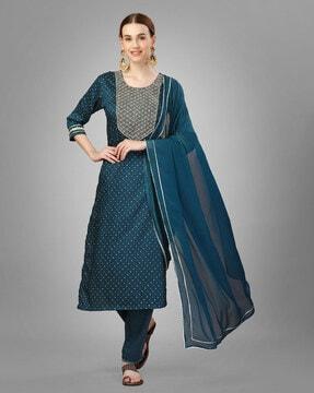 embellished & embroidery straight kurta pants set with dupatta