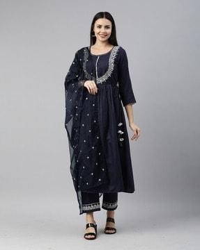 embellished a-line kurta & pant set with dupatta