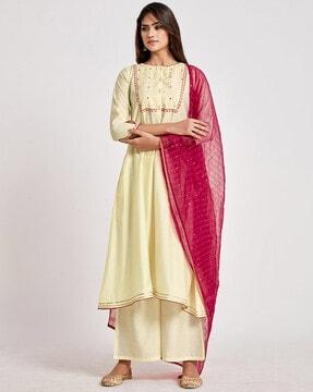 embellished a-line kurta with palazzos & dupatta