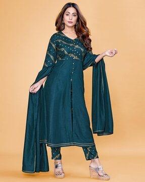 embellished a-line kurta with pants & dupatta