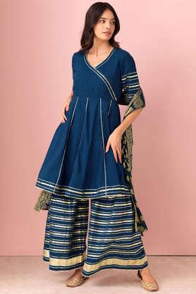 embellished above knee cotton woven women's kurta set - blue