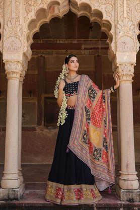 embellished above knee crepe woven women's lehenga choli dupatta set - black