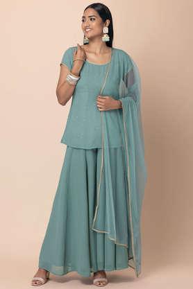 embellished above knee georgette woven  women's salwar kurta dupatta set - blue