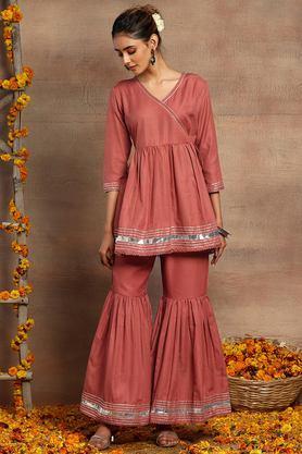 embellished above knee viscose woven women's kurta set - pink