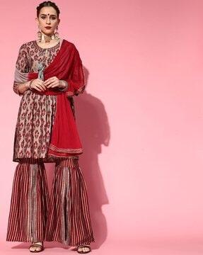 embellished anarkali kurta & sharara set with dupatta