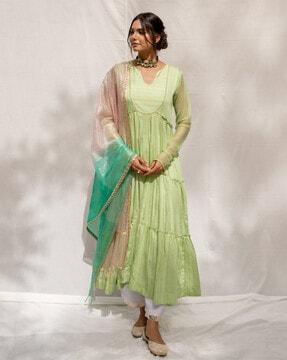 embellished anarkali kurta pyjama & dupatta set