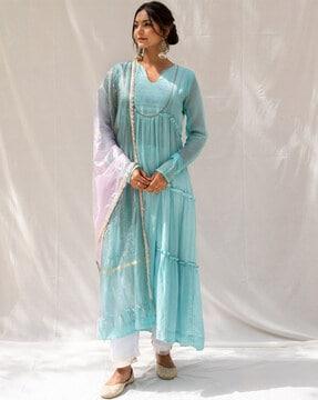 embellished anarkali kurta pyjama & dupatta set