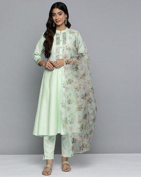 embellished anarkali kurta with pants & dupatta