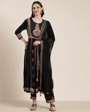 embellished anarkali kurta with pants & dupatta