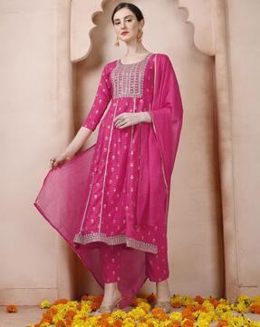 embellished anarkali kurta with pants & dupatta