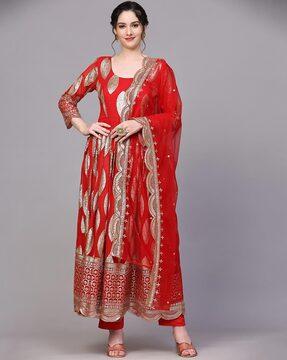 embellished anarkali kurta with pants & dupatta