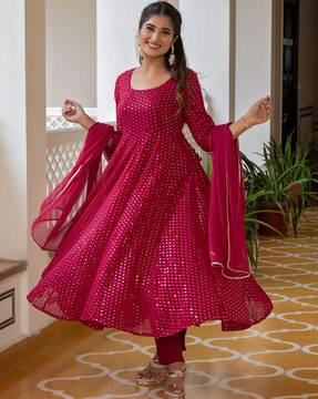 embellished anarkali kurta with pants & dupatta