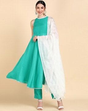 embellished anarkali kurta with pants & dupatta