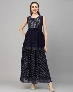 embellished anarkali kurta with sharara & dupatta