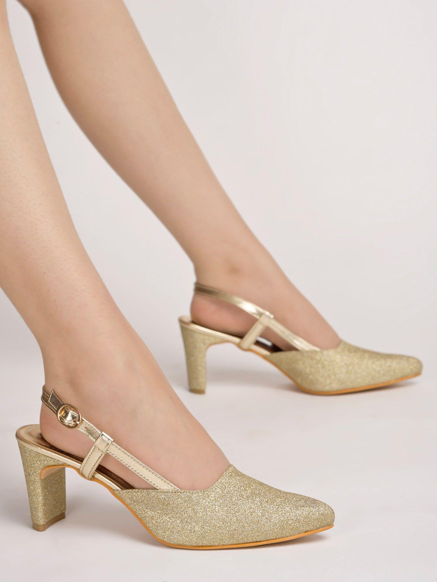 embellished ankle strap golden pumps