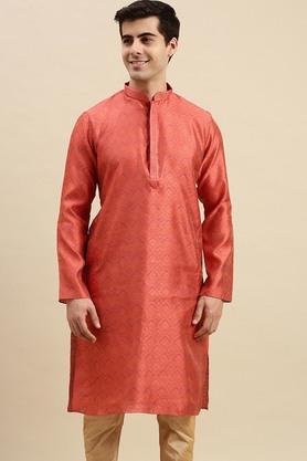 embellished art silk regular fit mens kurta - pink