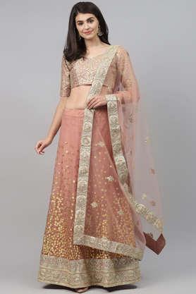 embellished art silk round neck women's lehenga choli set - brown