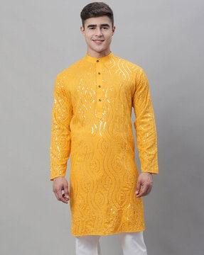 embellished band collared long kurta