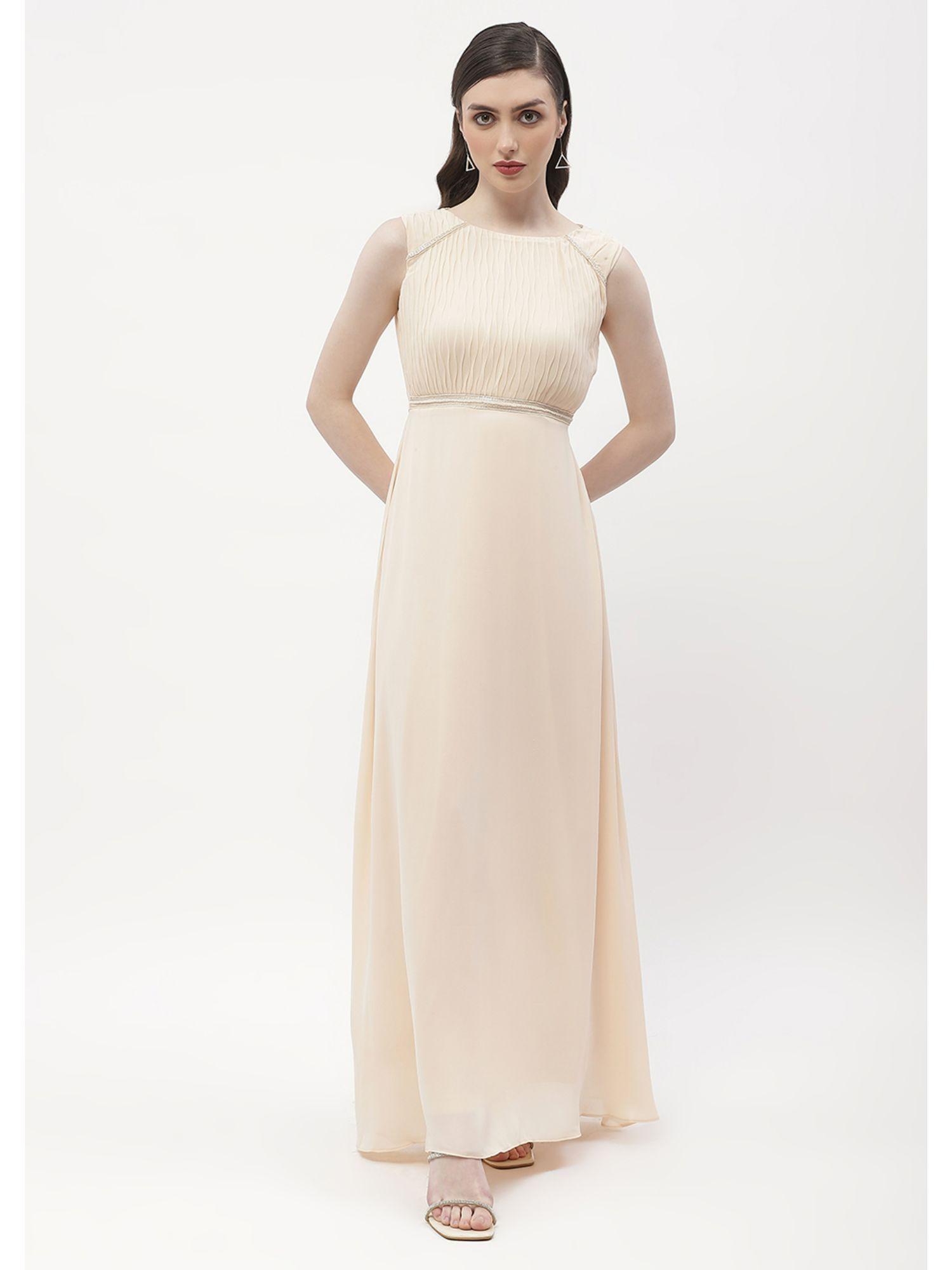 embellished beige crew neck maxi dress