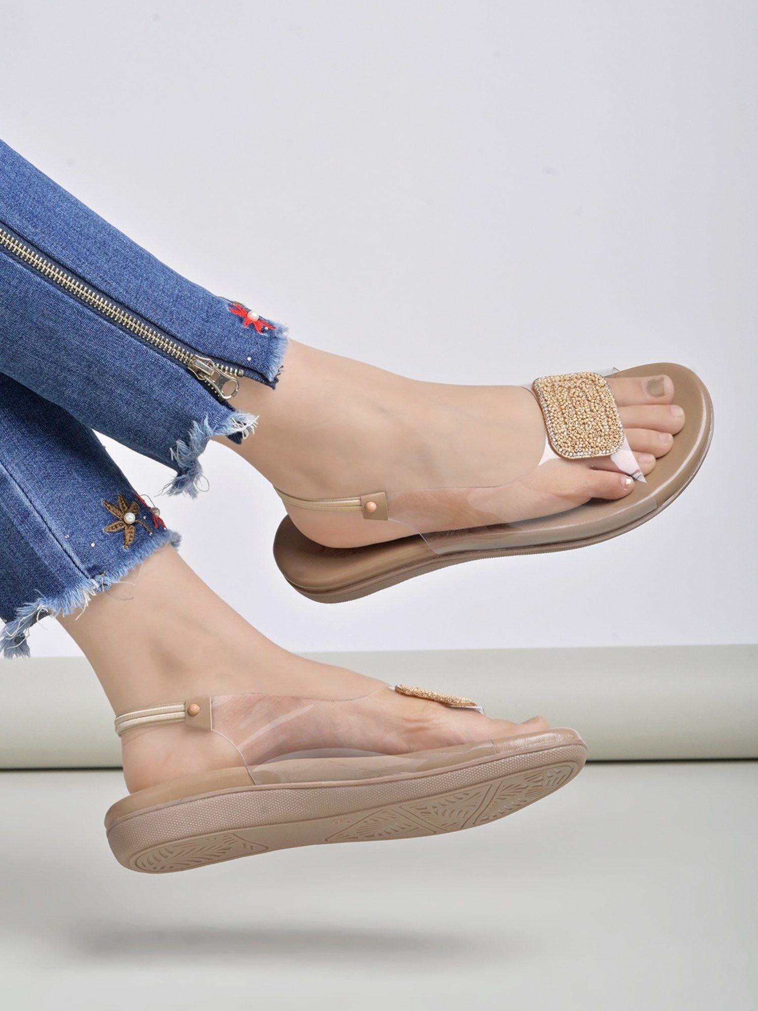 embellished beige flat sandals for women and girls