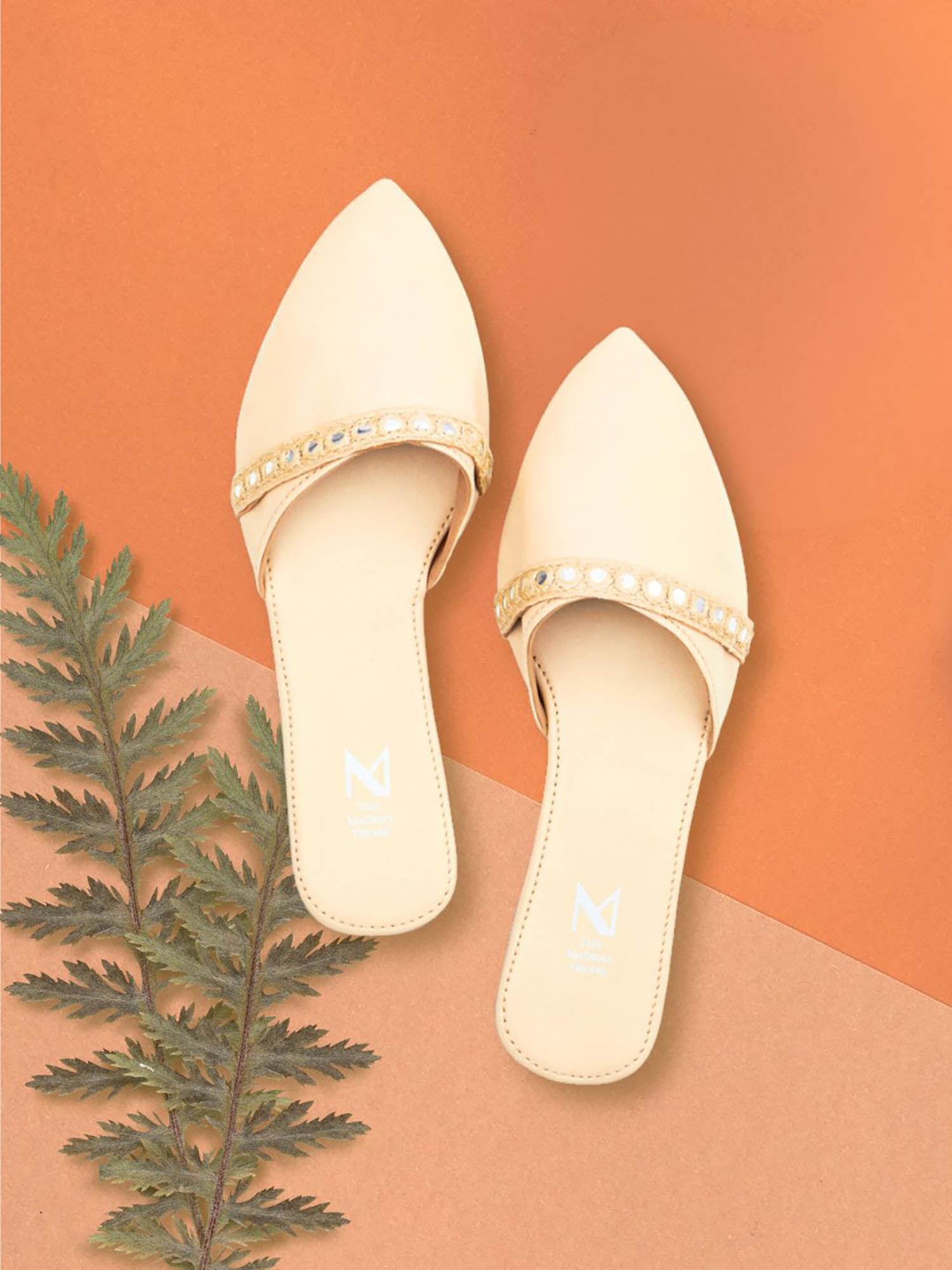 embellished beige mules