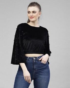 embellished bell sleeves crop top