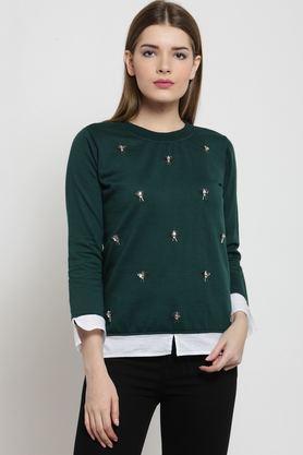 embellished blended round neck women's sweatshirt - green