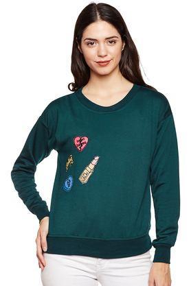 embellished blended round neck women's sweatshirt - green