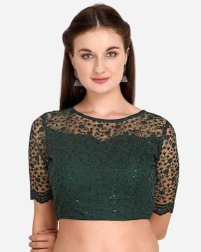 embellished boat-neck back-open blouse