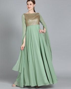 embellished boat neck gown dress