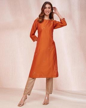 embellished boat-neck straight kurta