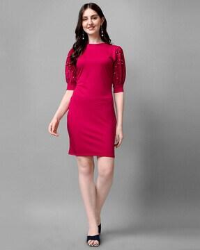 embellished bodycon dress with puff sleeves