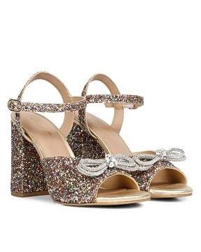 embellished bow detail leather block chunky heeled sandals