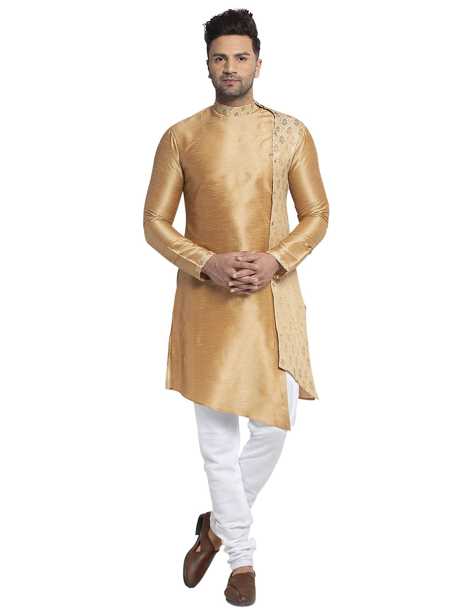 embellished brocade golden kurta with churidar pajma set