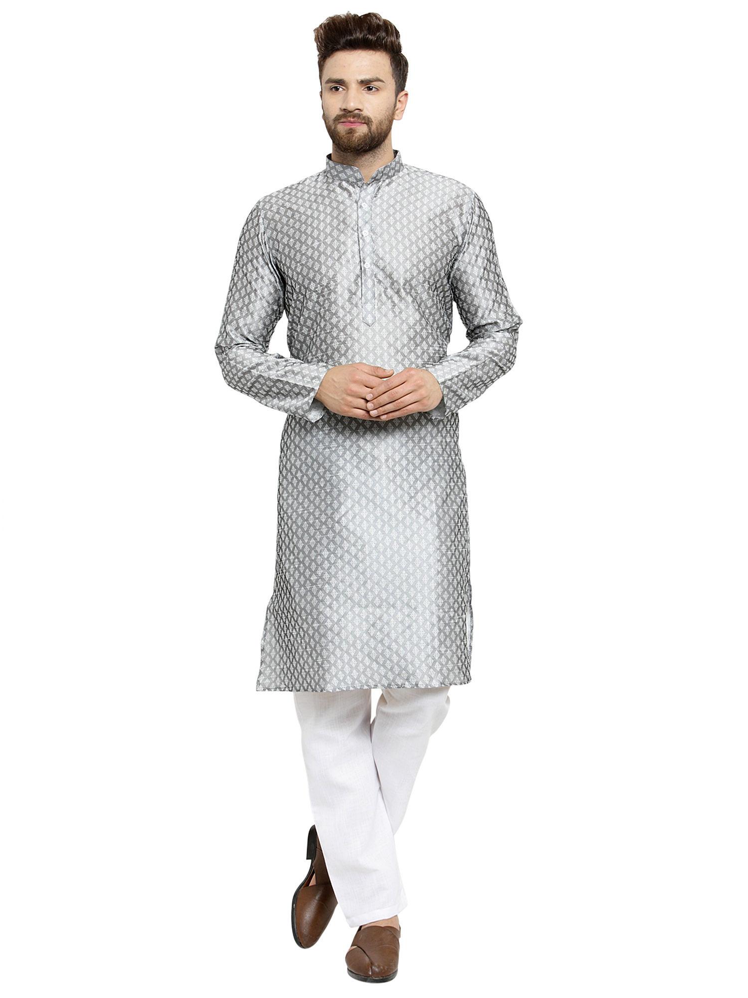 embellished brocade grey kurta with aligarh pyjama set for men (set of 2)