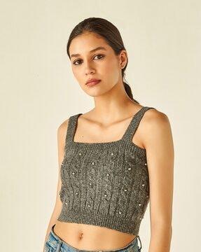 embellished cable-knit crop vest