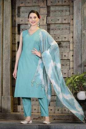 embellished calf length cotton blend woven women's kurta set - green